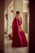 Riwayat - Magenta Zardozi Kurta Lehenga Dupatta Set