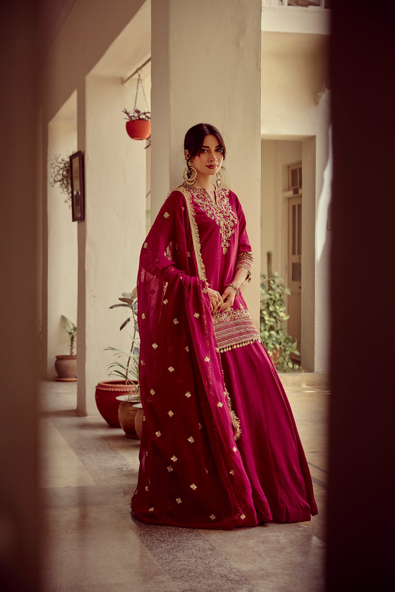 Riwayat - Magenta Zardozi Kurta Lehenga Dupatta Set