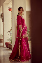 Riwayat - Magenta Zardozi Kurta Lehenga Dupatta Set