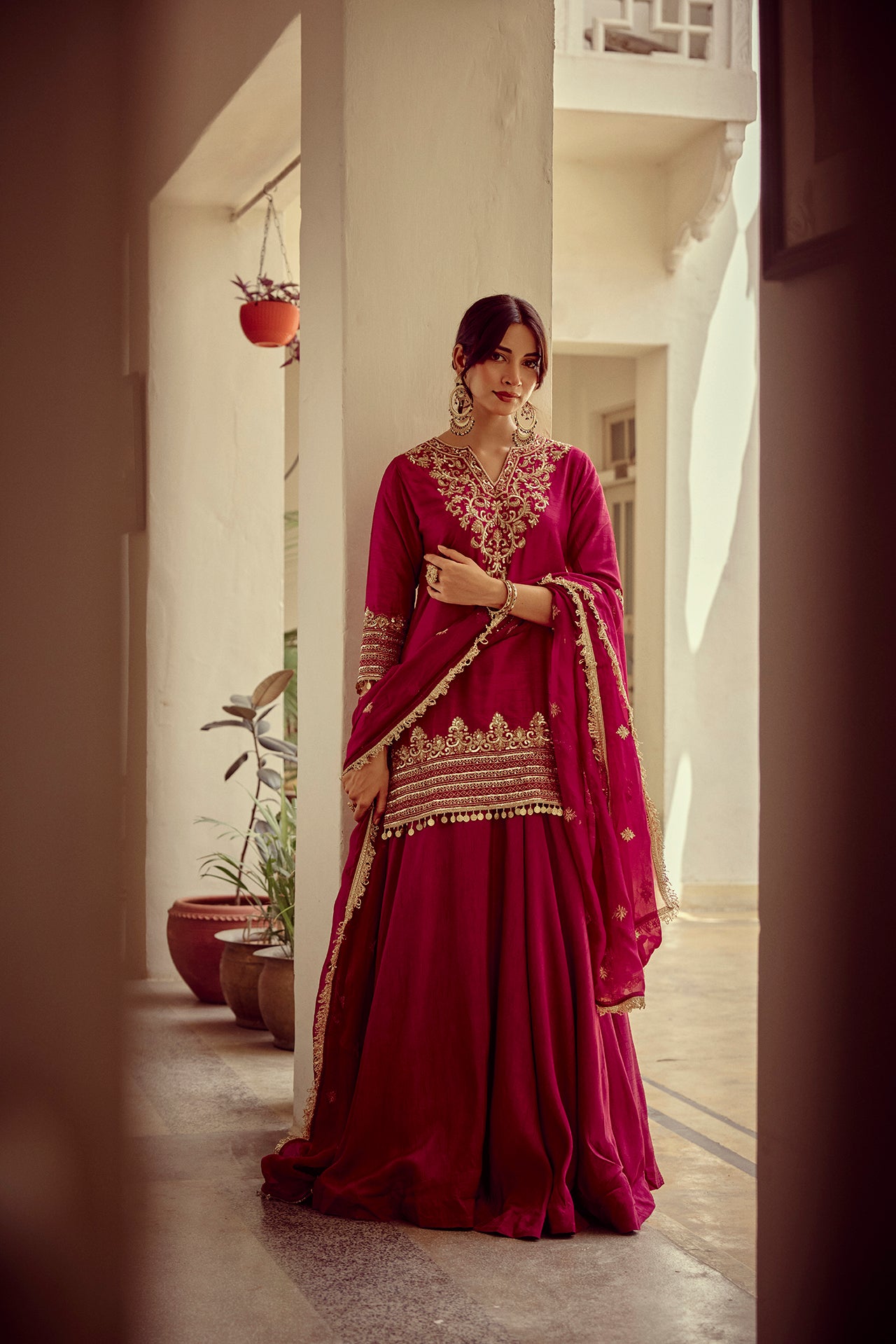 Riwayat - Magenta Zardozi Kurta Lehenga Dupatta Set