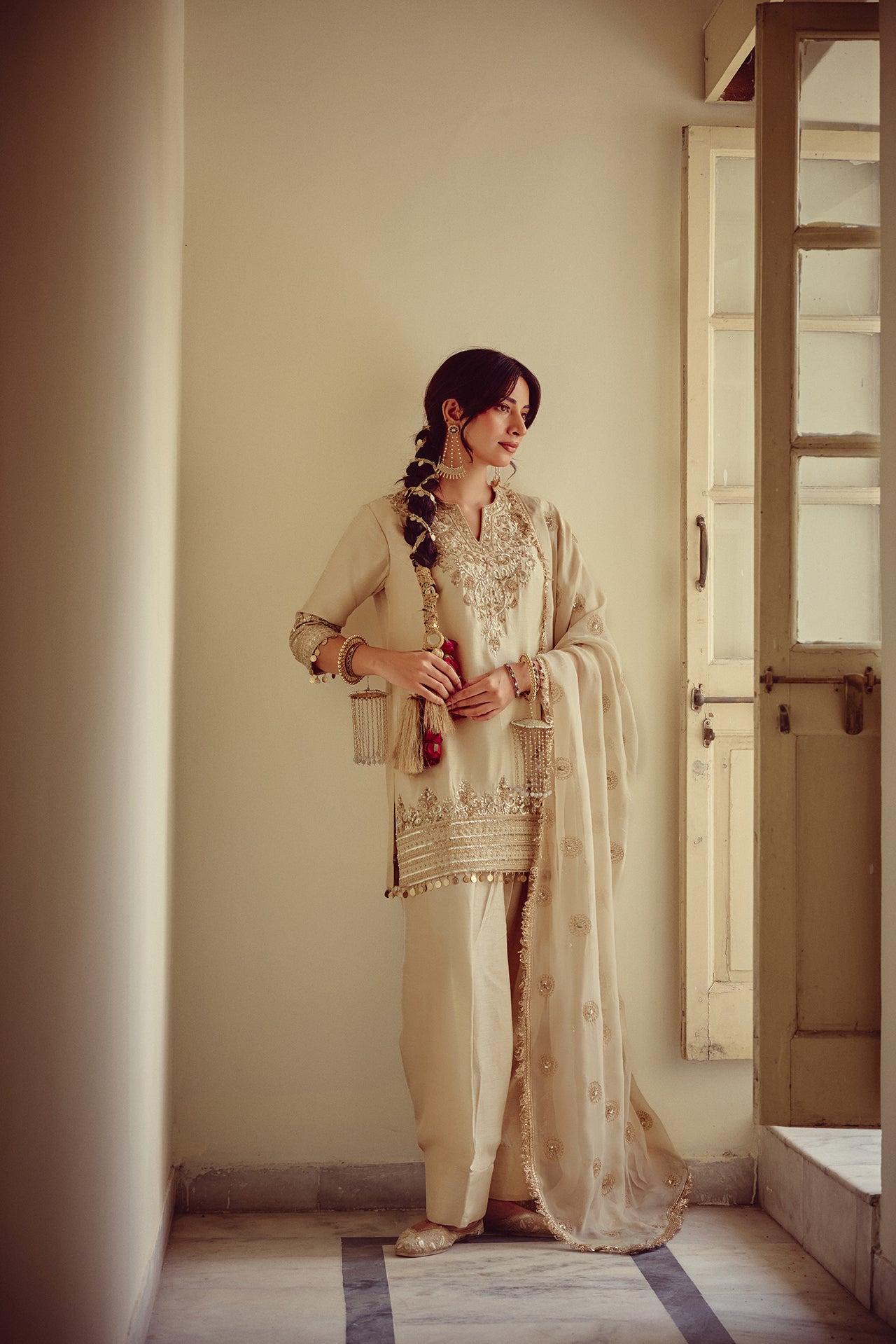 Meher - Gold Ivory Kurta Farshi Dupatta Set