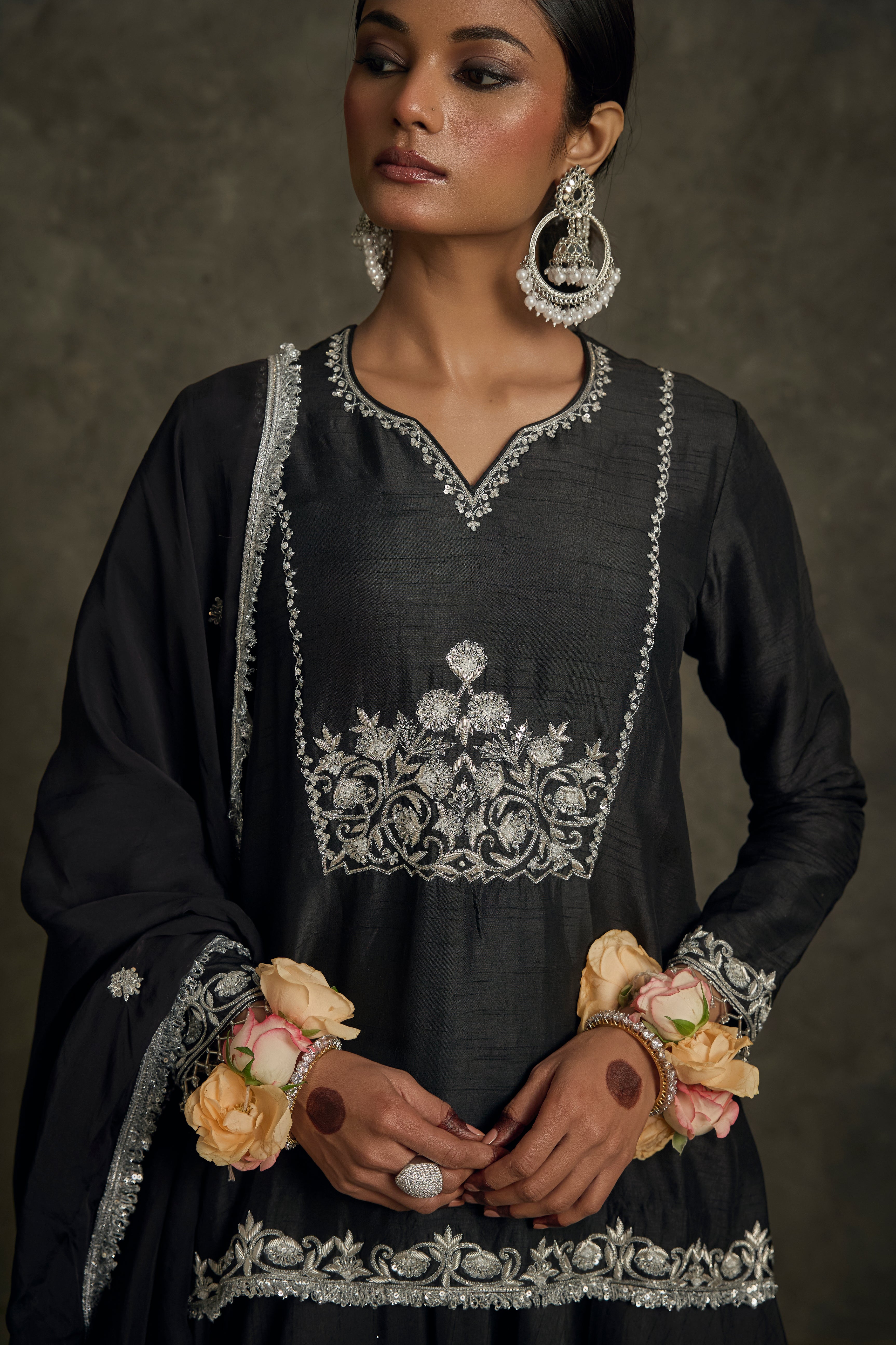 Lehar - Black Hand Embroidered Kurta-Lehenga -Dupatta Set