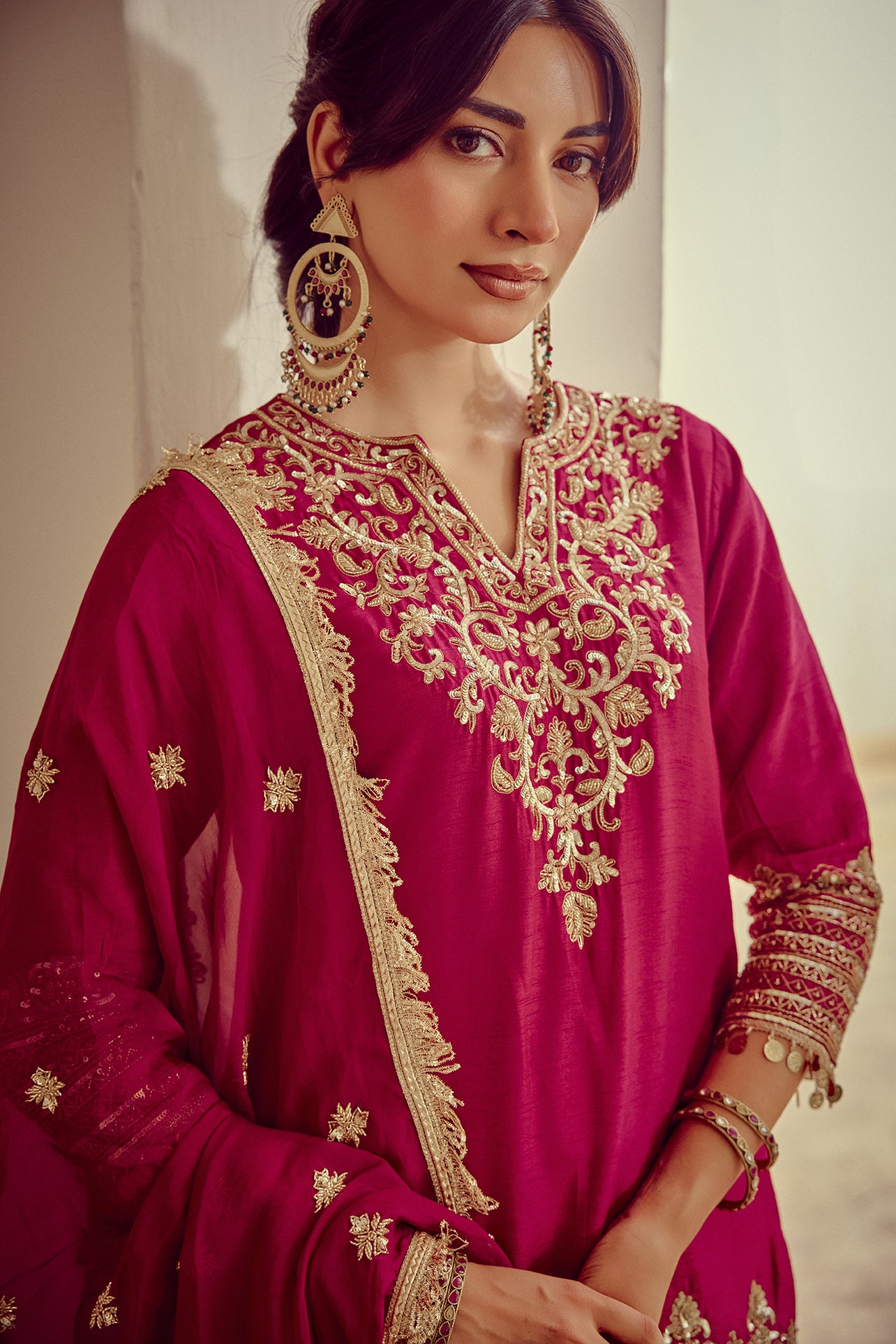 Heer - Magenta Embroidered Kurta Sharara Dupatta Set