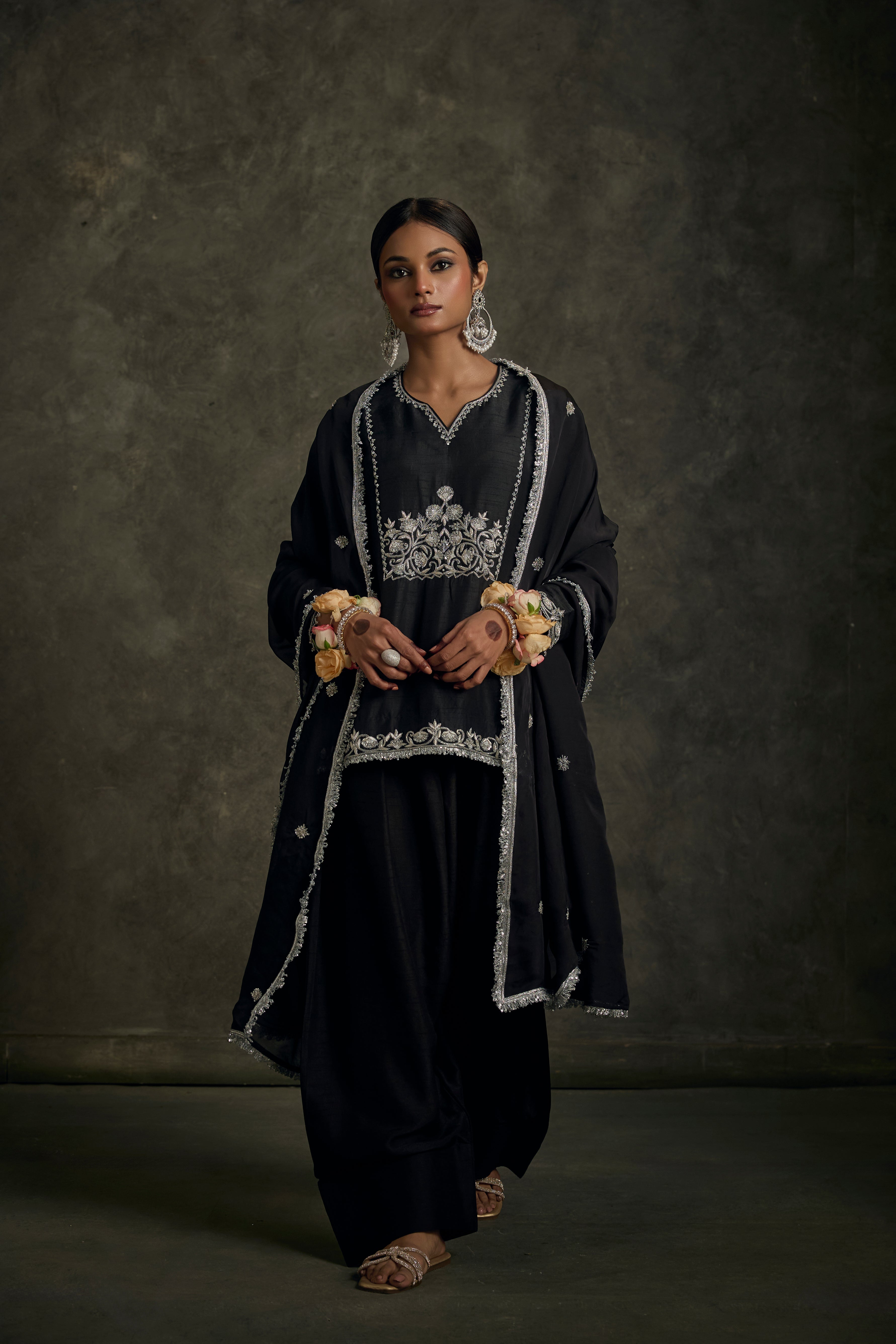 Nooriya - Black Zardozi Kurta Salwaar Set with Embroidered Dupatta