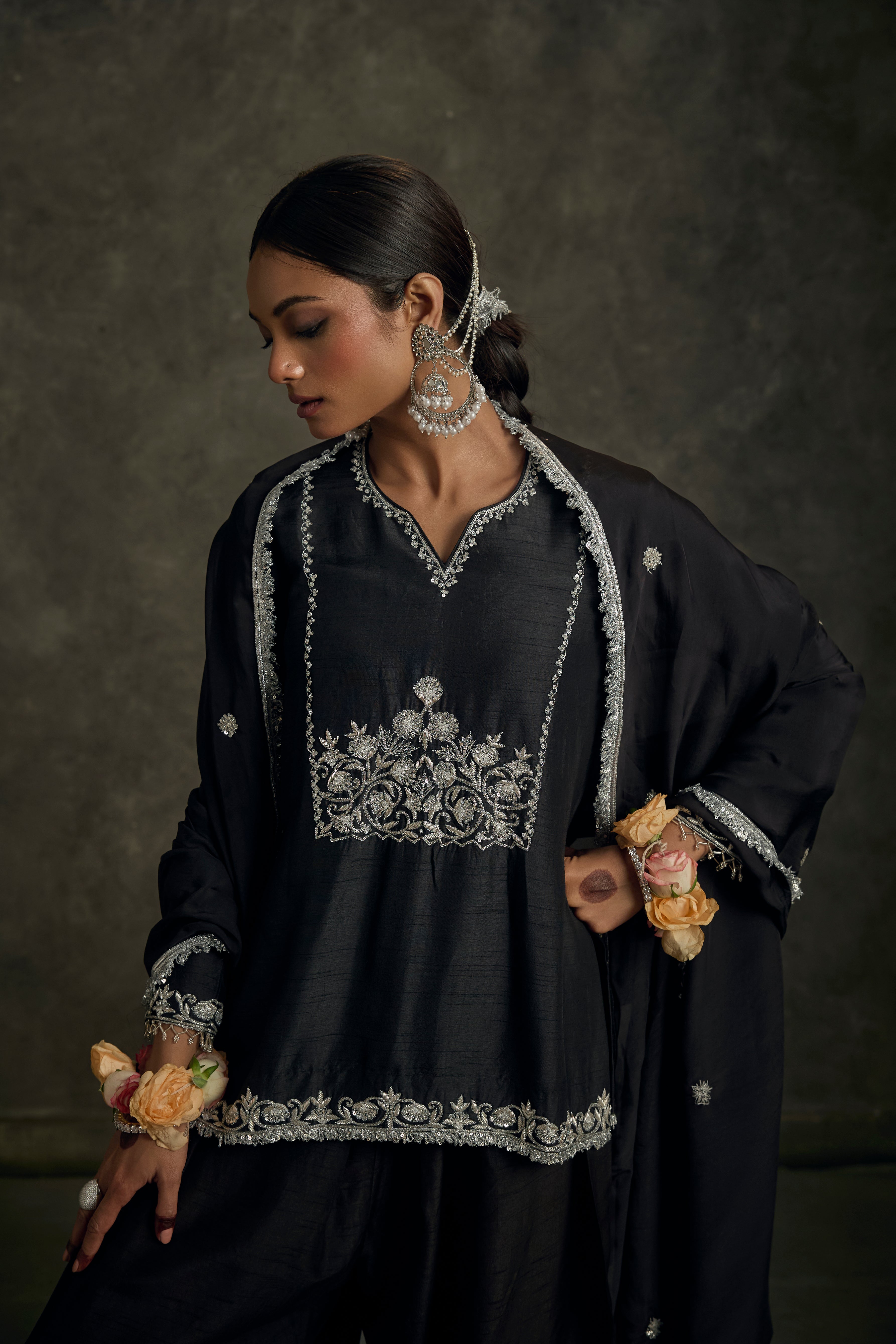 Nooriya - Black Zardozi Kurta Salwaar Set with Embroidered Dupatta