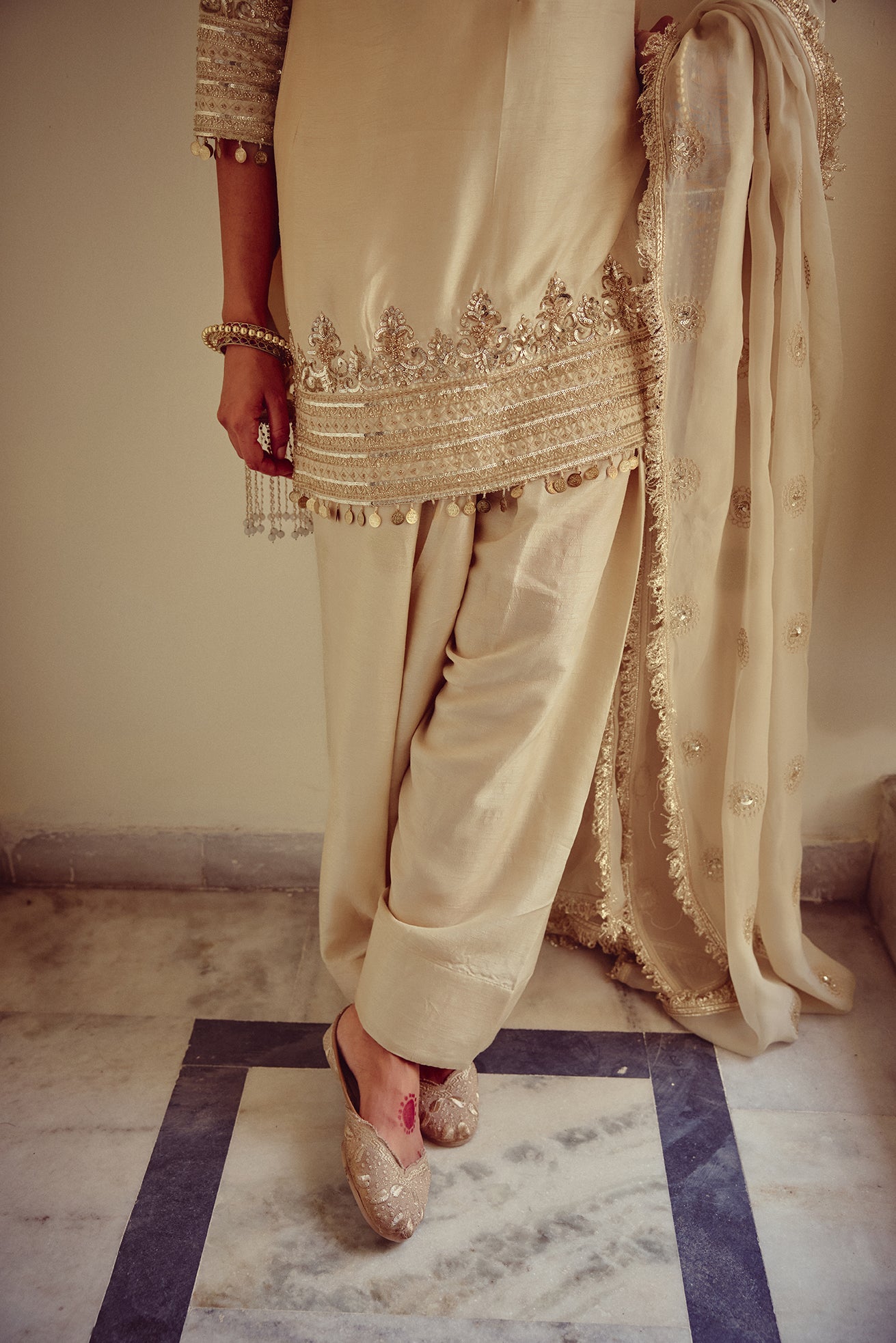 Meher - Gold Ivory Kurta Farshi Dupatta Set