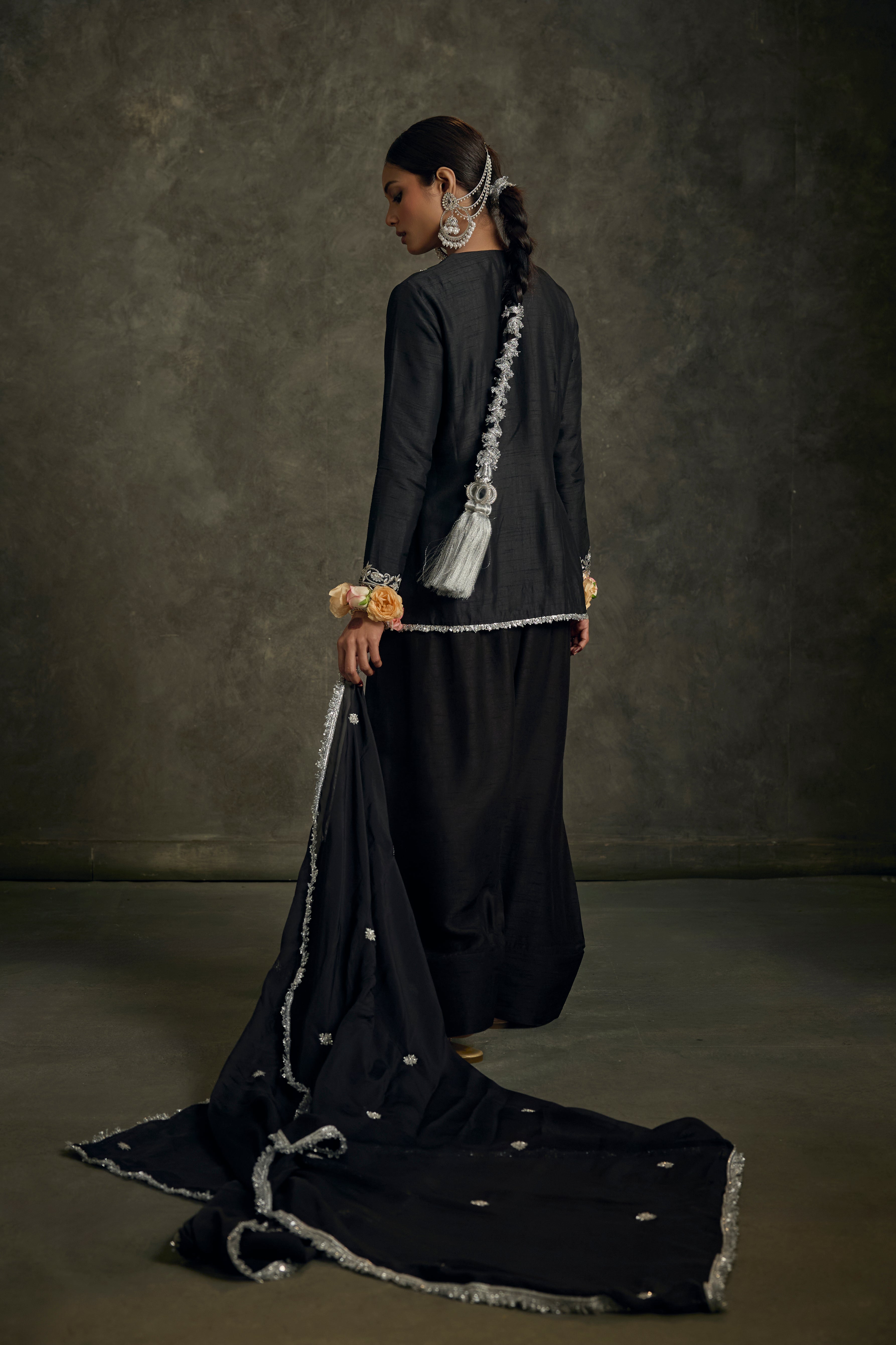 Nooriya - Black Zardozi Kurta Salwaar Set with Embroidered Dupatta