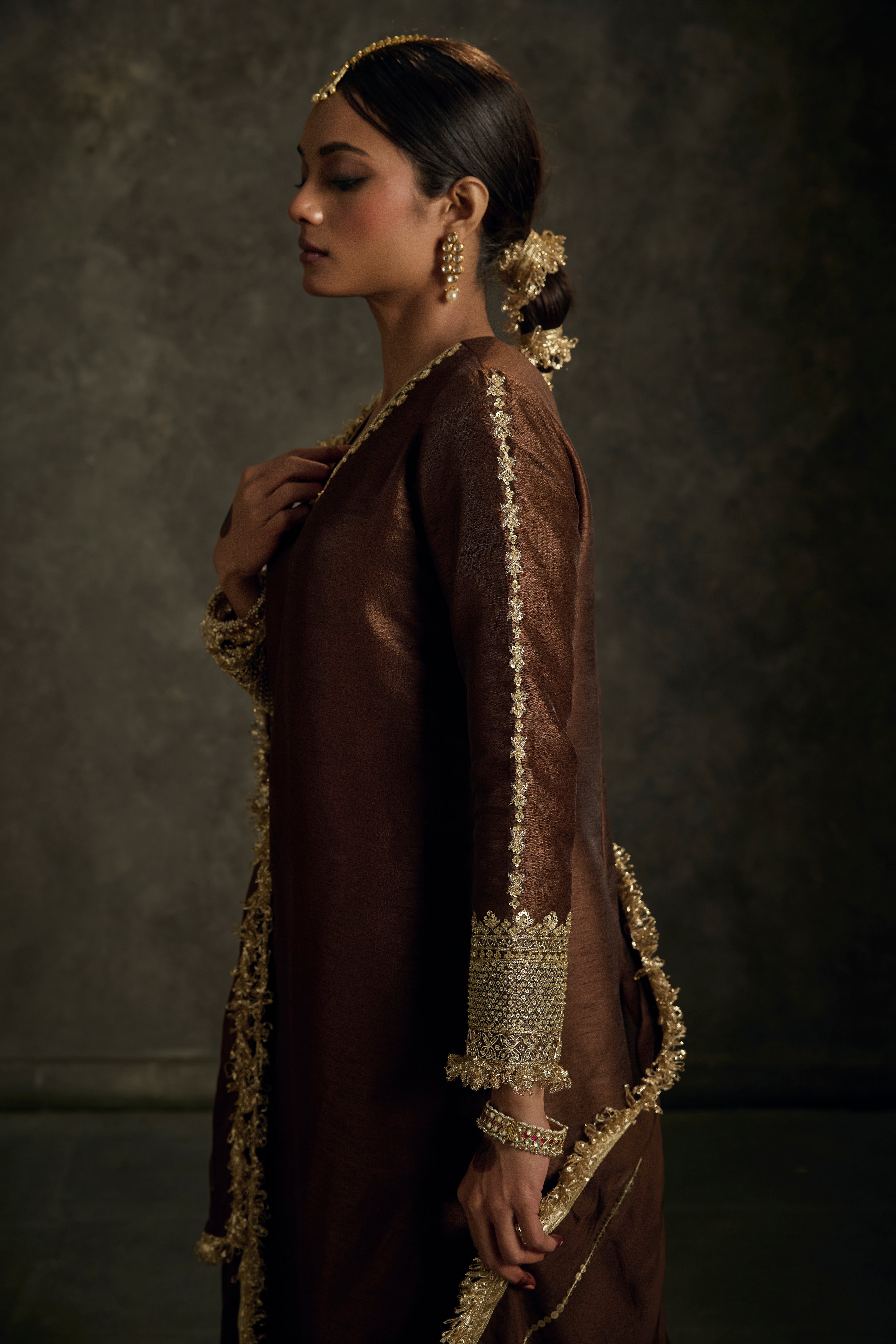 Lehraav - Brown Zardozi Kurta Salwaar Dupatta Set