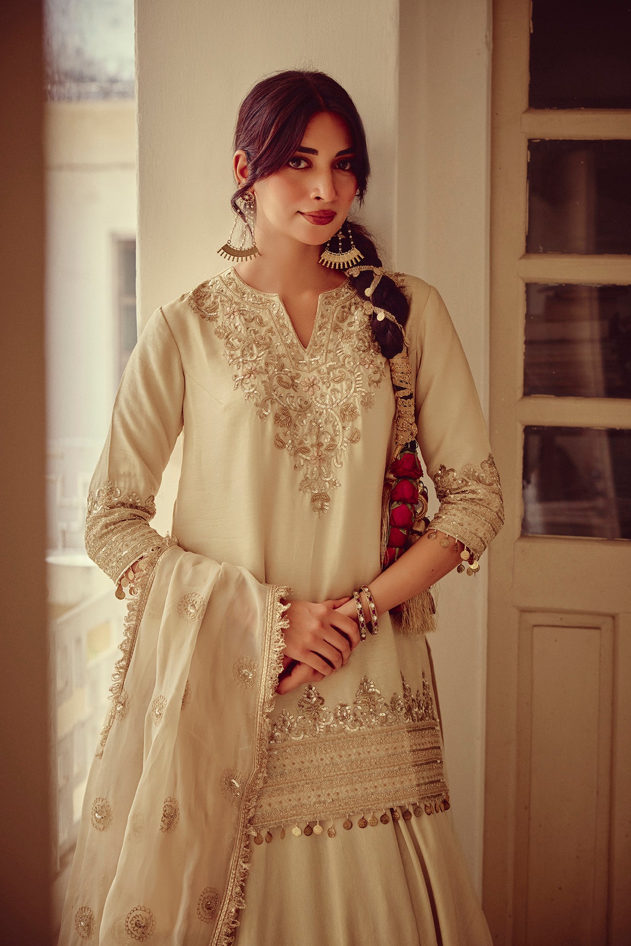 Mehraab - Gold Ivory Kurta Lehenga Dupatta Set