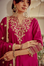 Riwayat - Magenta Zardozi Kurta Lehenga Dupatta Set