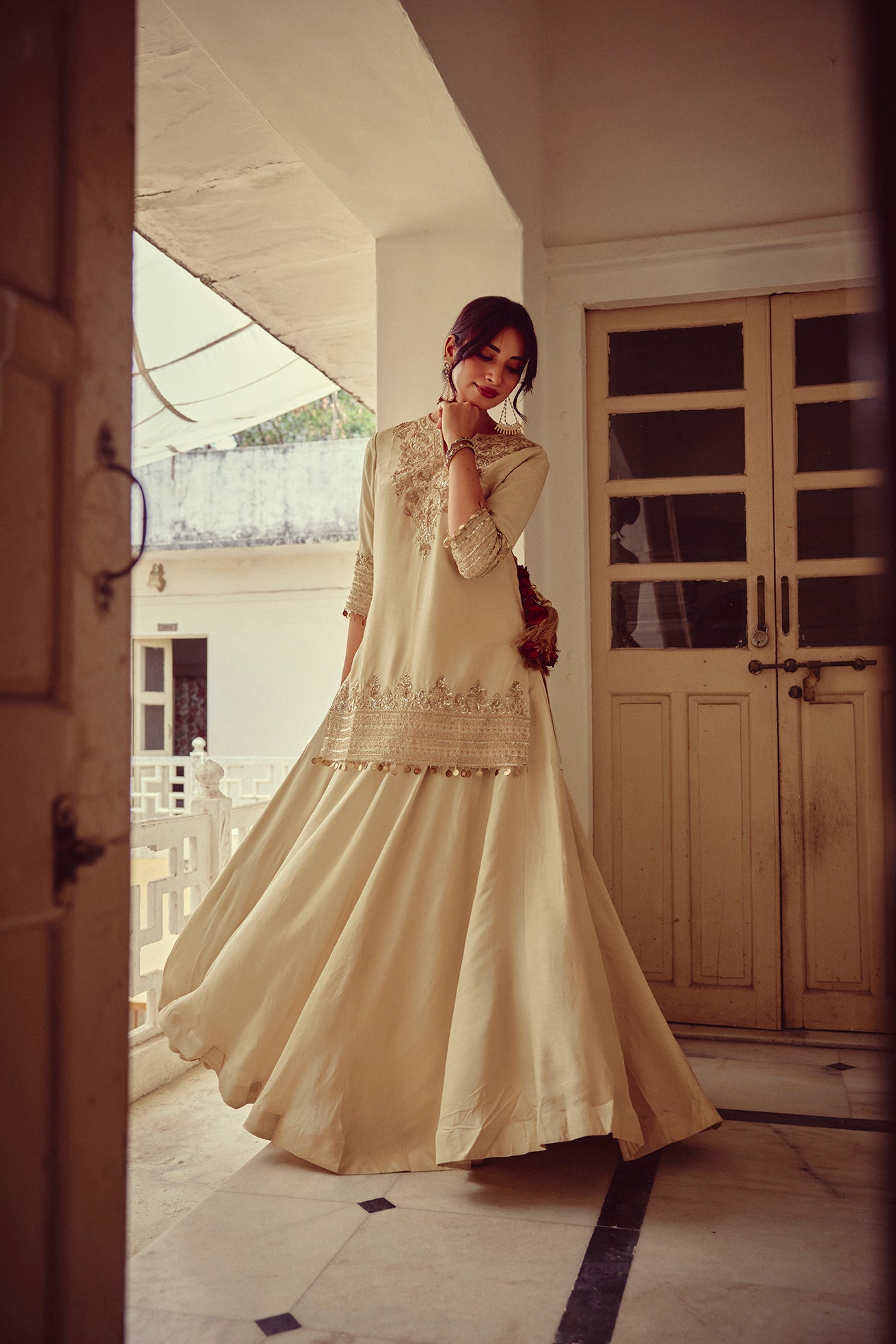 Mehraab - Gold Ivory Kurta Lehenga Dupatta Set