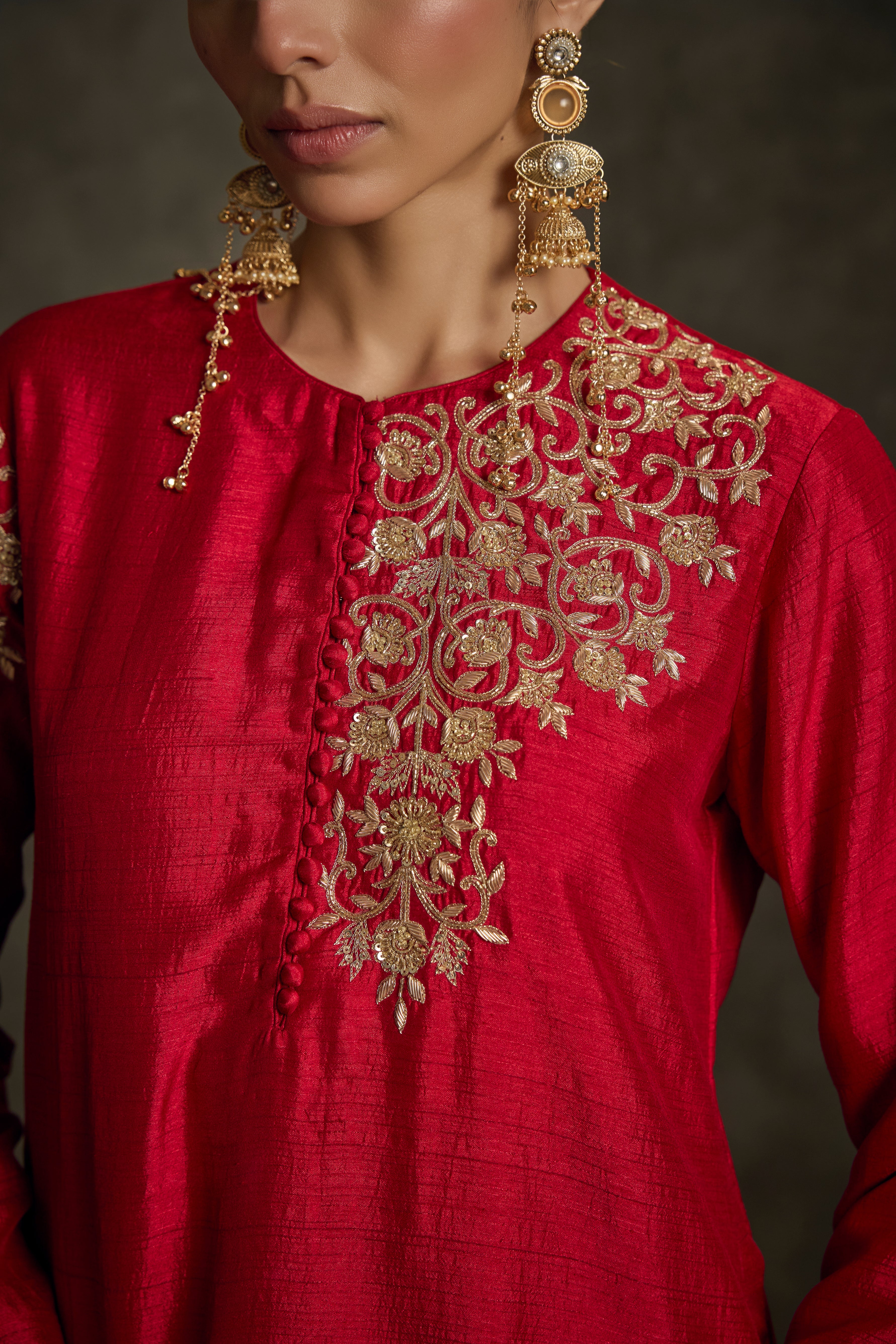 Aavira - Red Embroidered Kurta Dress