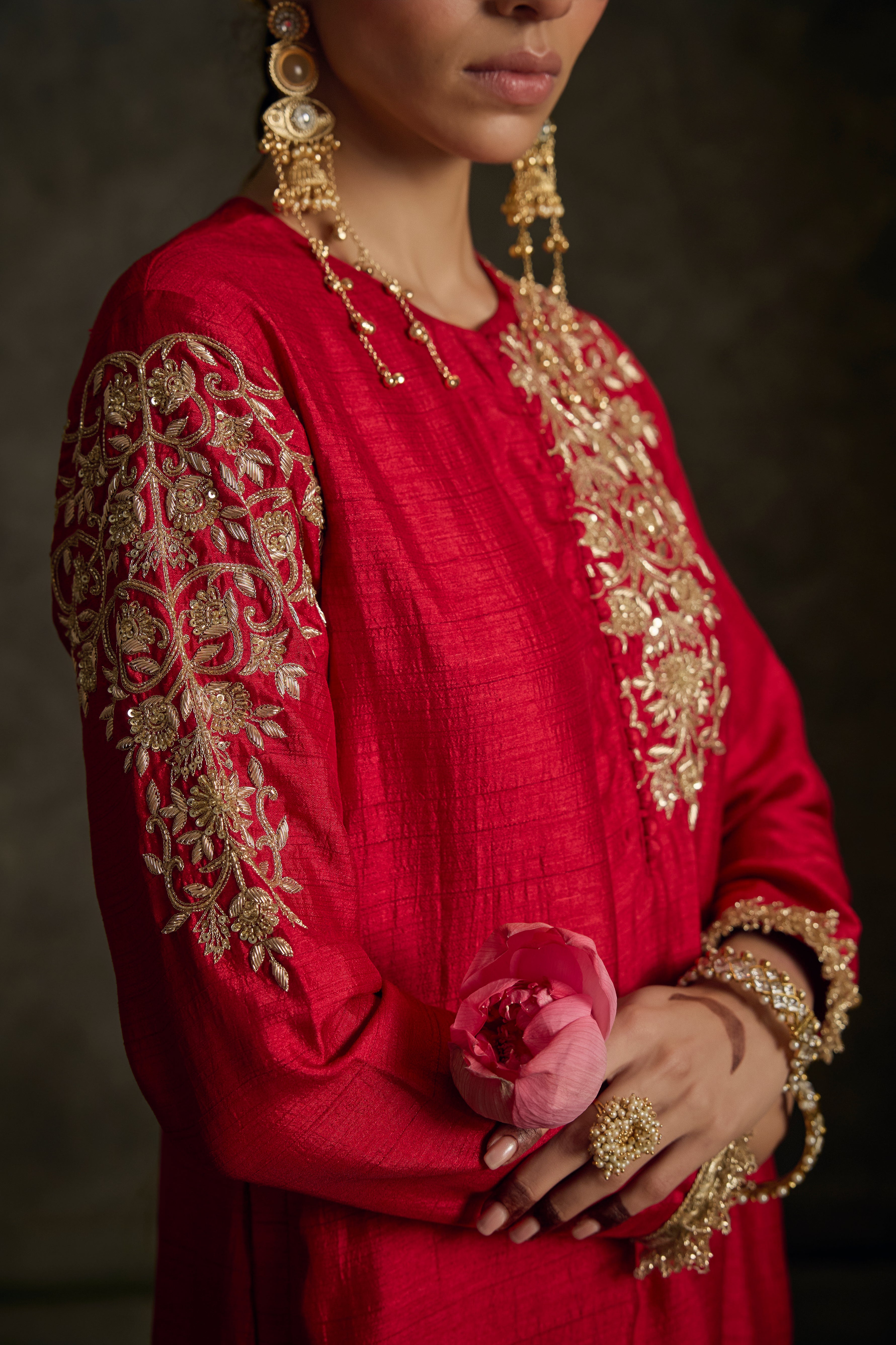 Aavira - Red Embroidered Kurta Dress