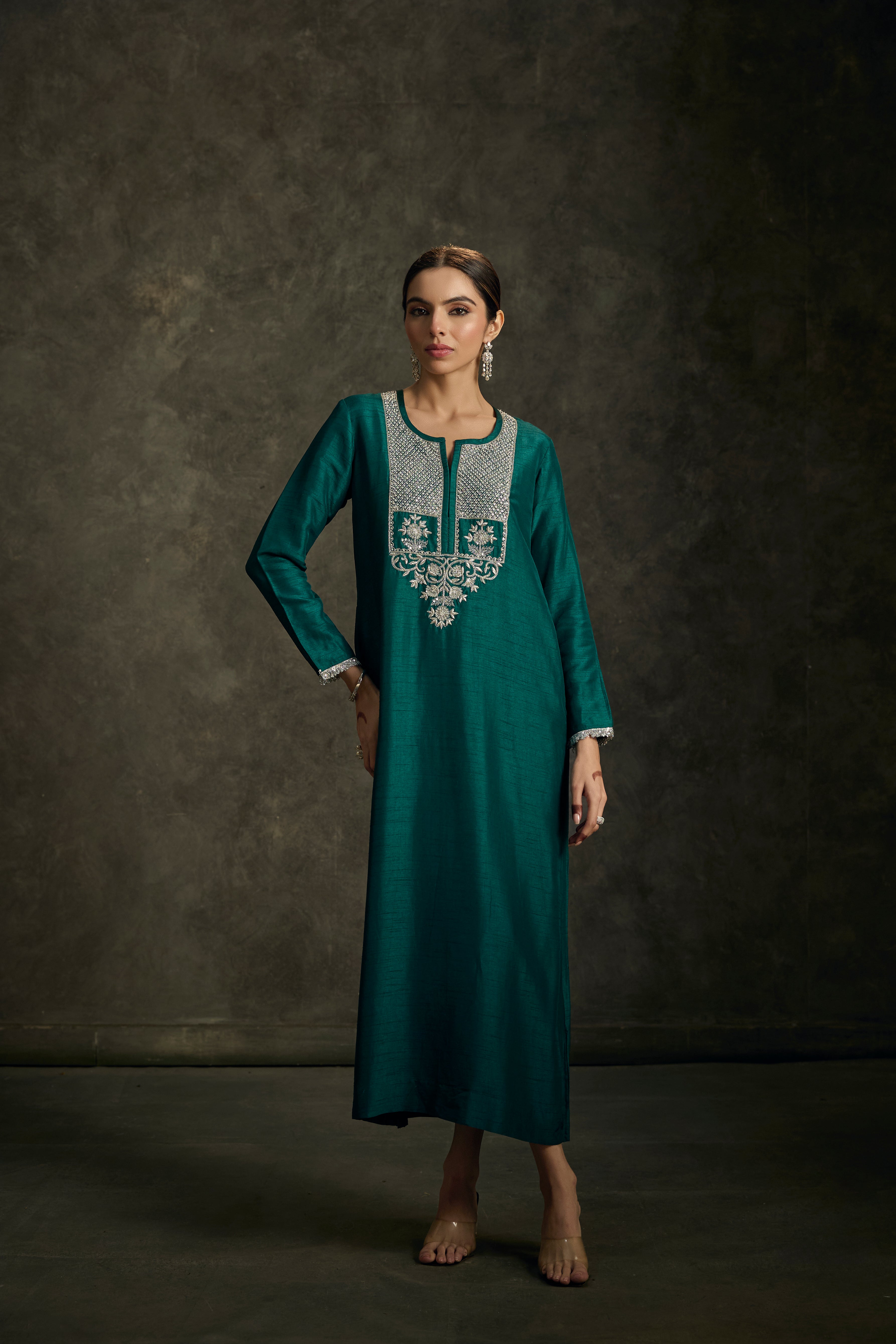 Heersha - Emerald Green Embroidered Kurta Dress.