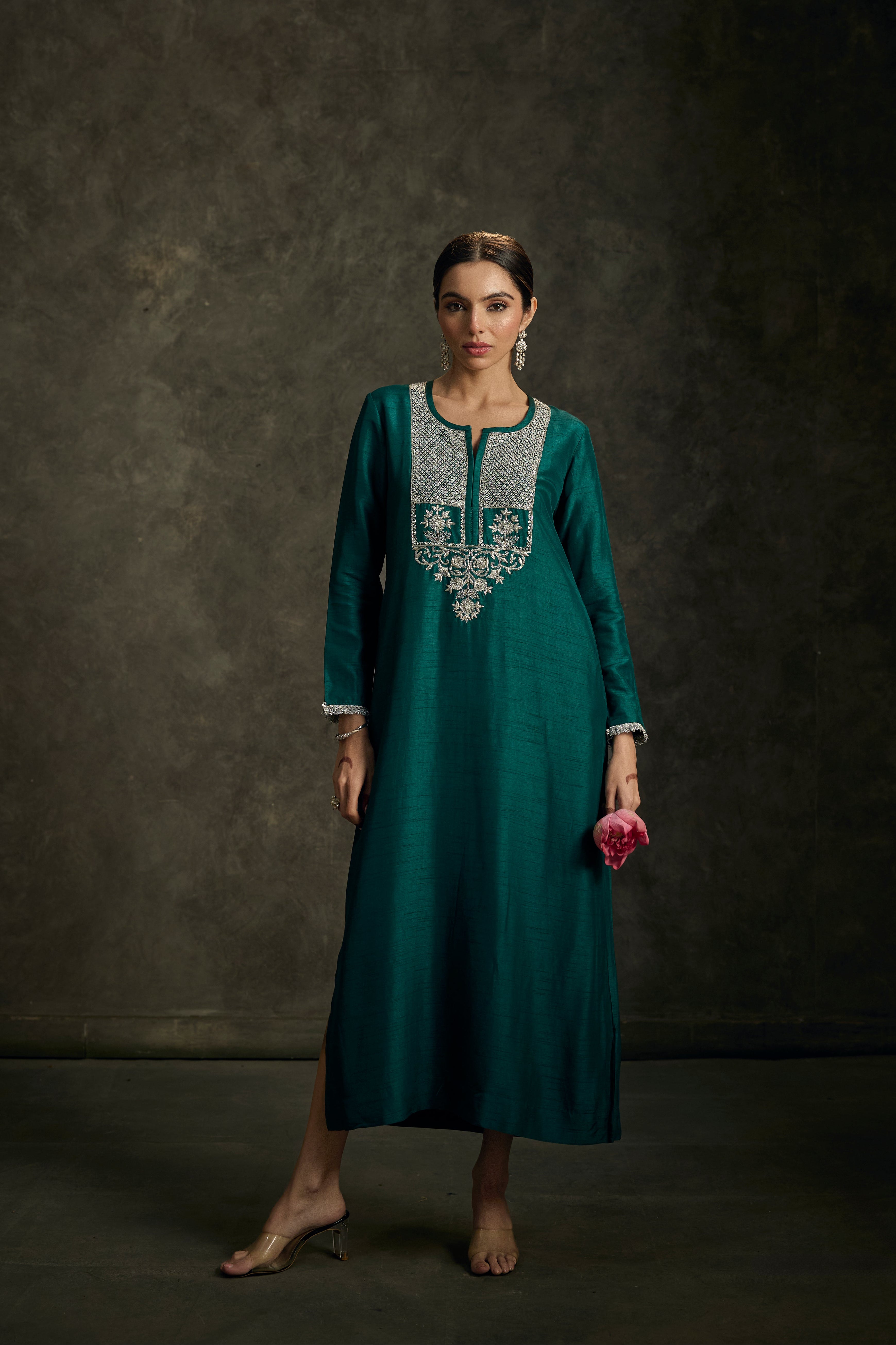 Heersha - Emerald Green Embroidered Kurta Dress.