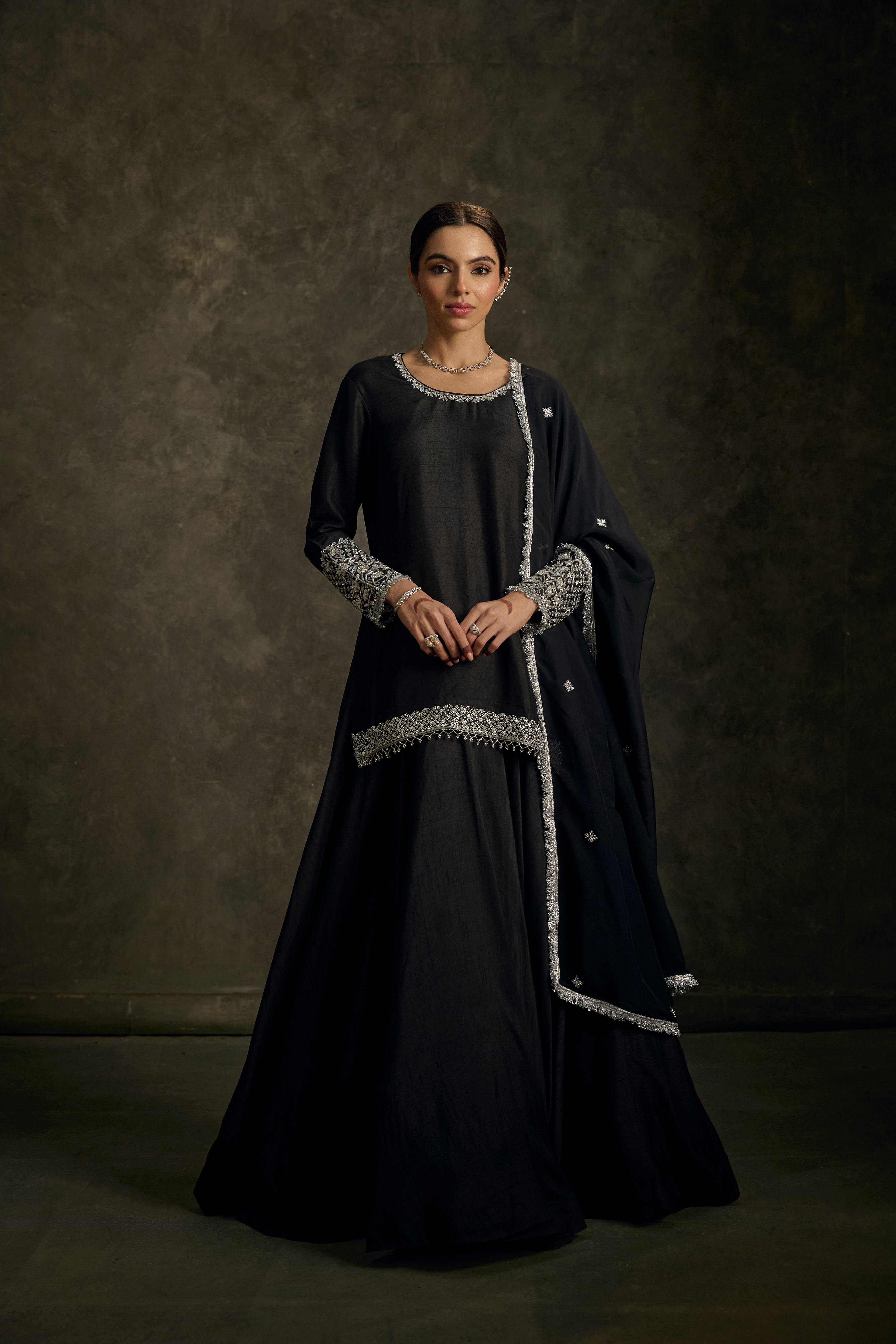Meher - Black Hand Embroidered Kurta-Lehenga Dupatta Set