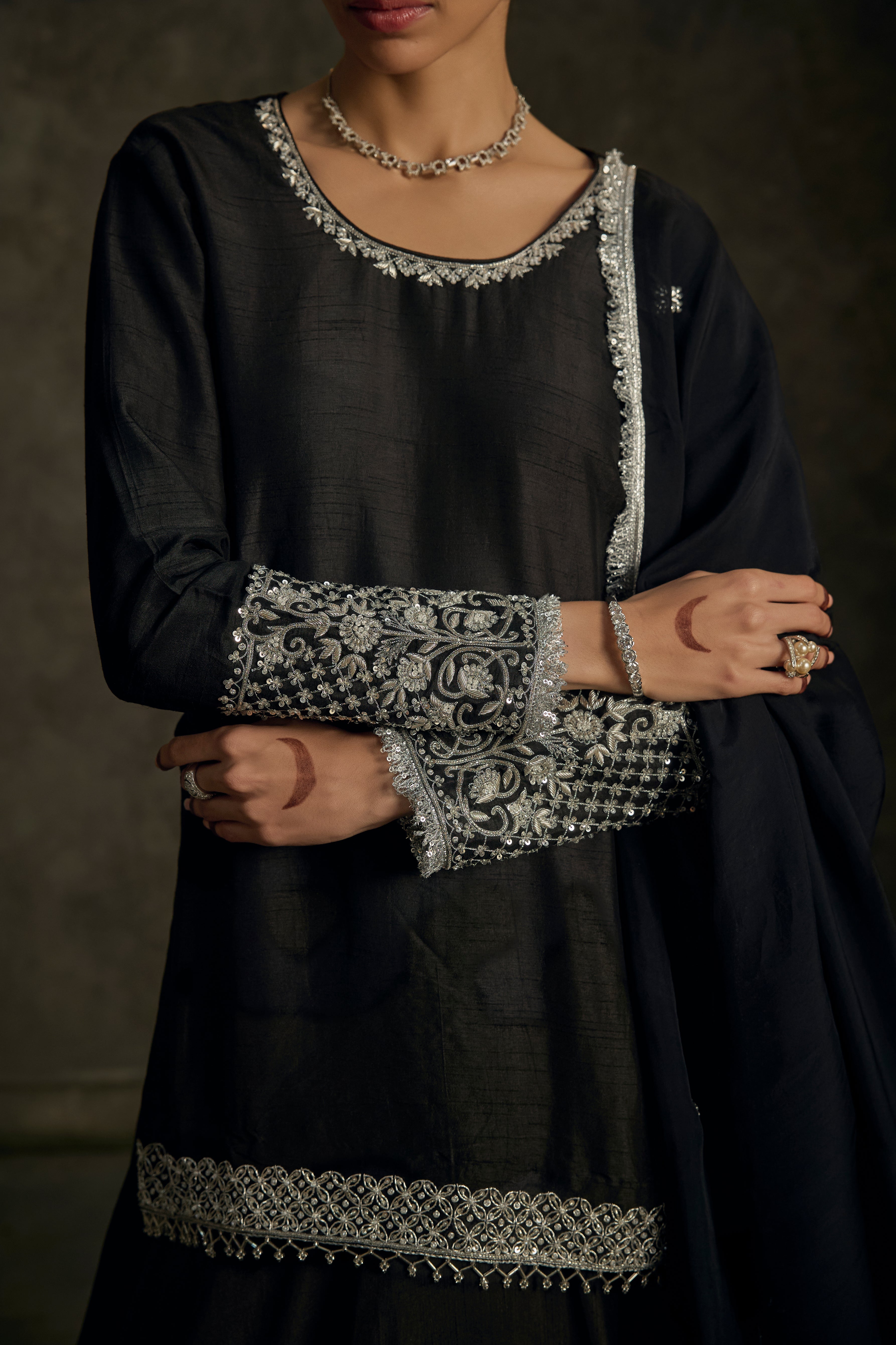 Meher - Black Hand Embroidered Kurta-Lehenga Dupatta Set