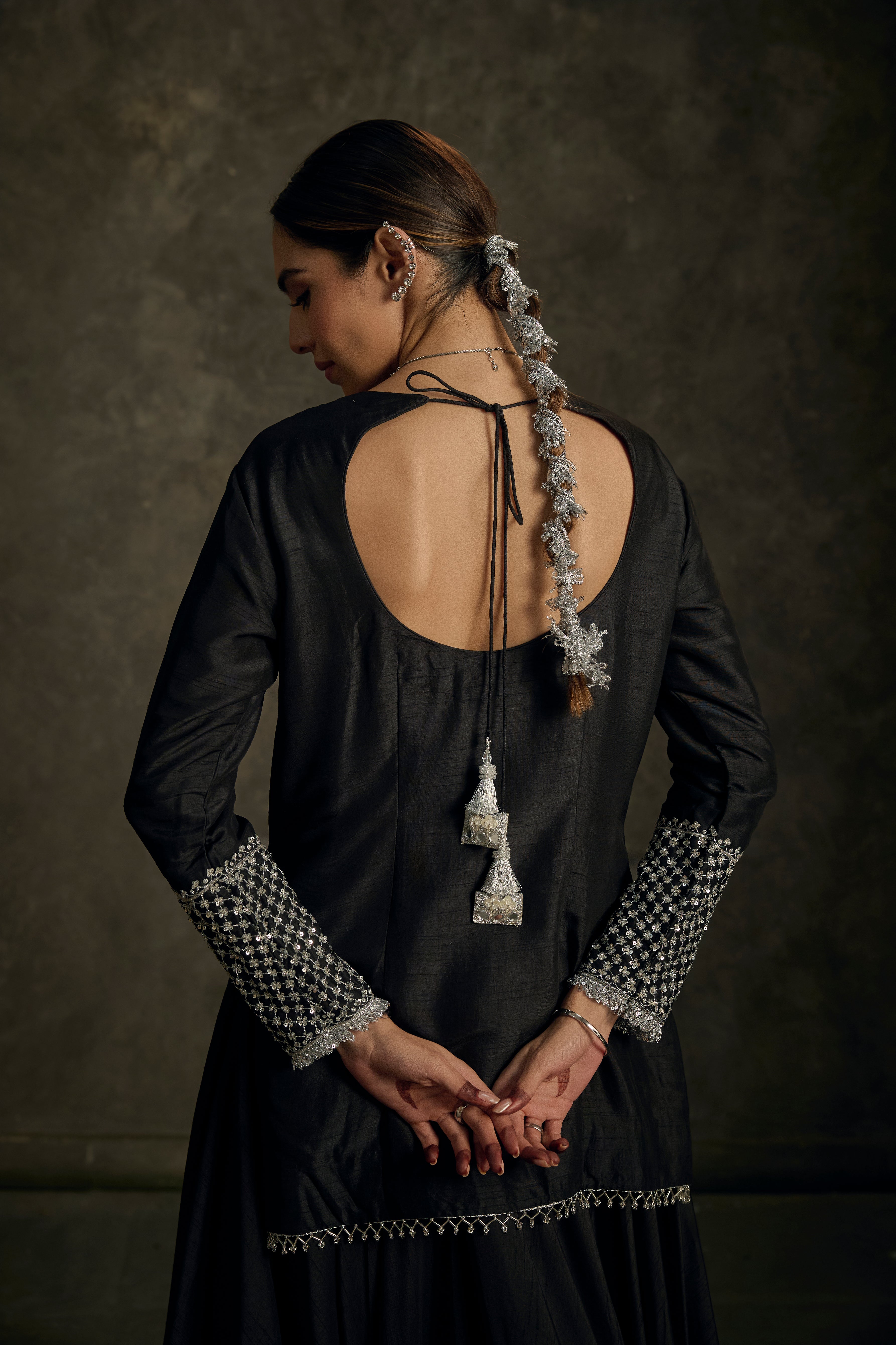 Meher - Black Hand Embroidered Kurta-Lehenga Dupatta Set