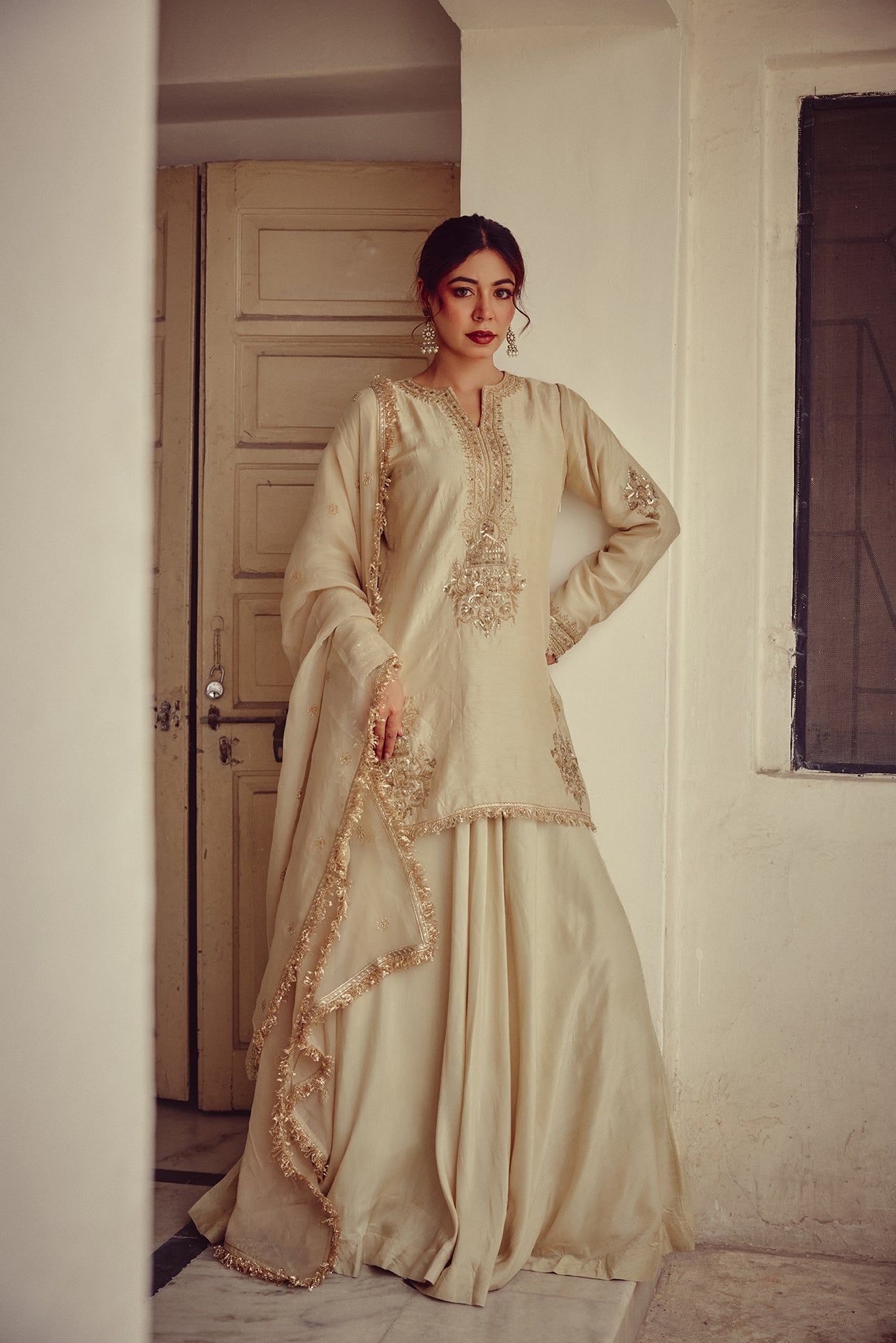 Lehza - Gold Ivory Kurta Lehenga Dupatta Set