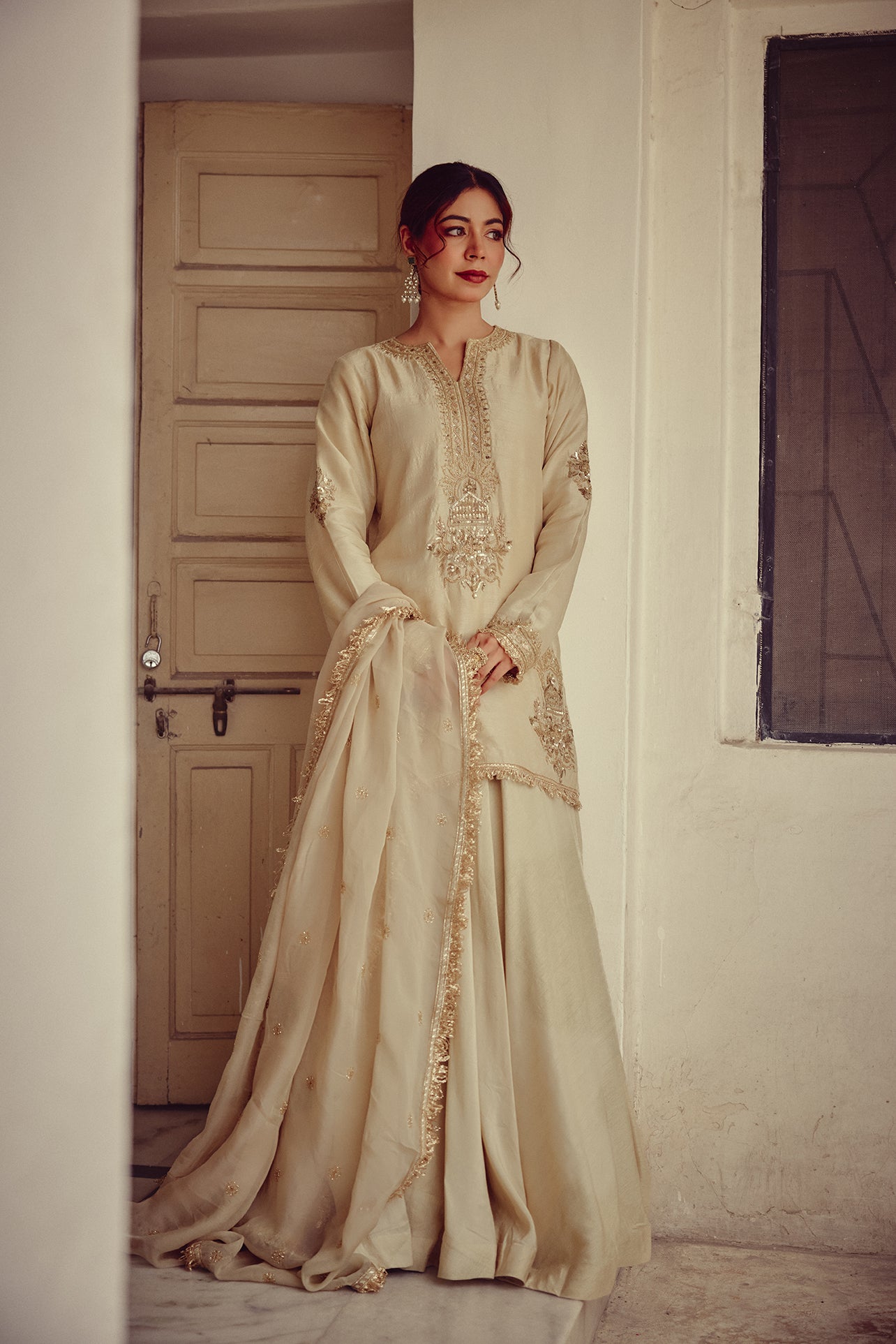 Lehza - Gold Ivory Kurta Lehenga Dupatta Set