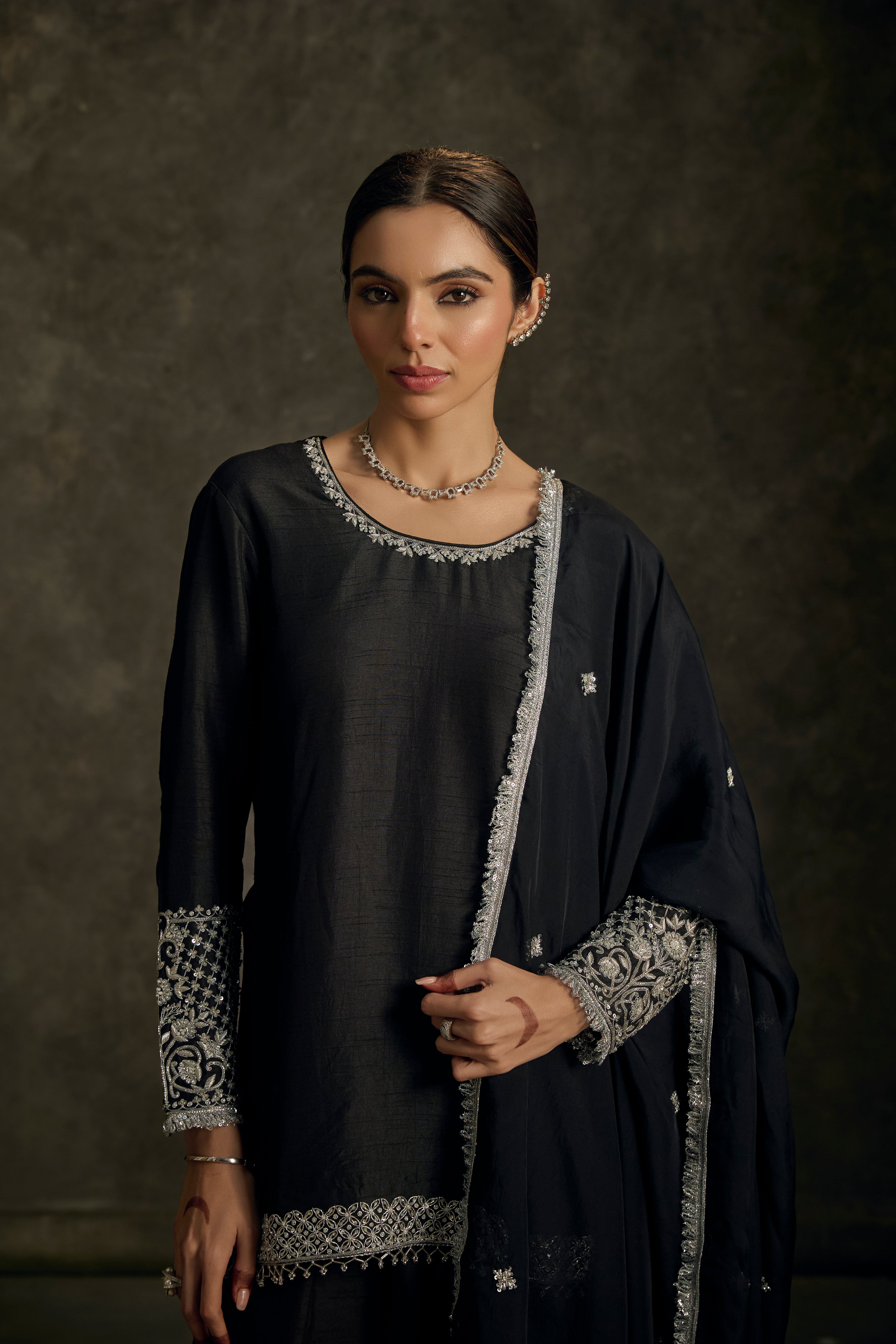 Zeeya - Black Zardozi Kurta Salwaar Set with Embroidered Dupatta