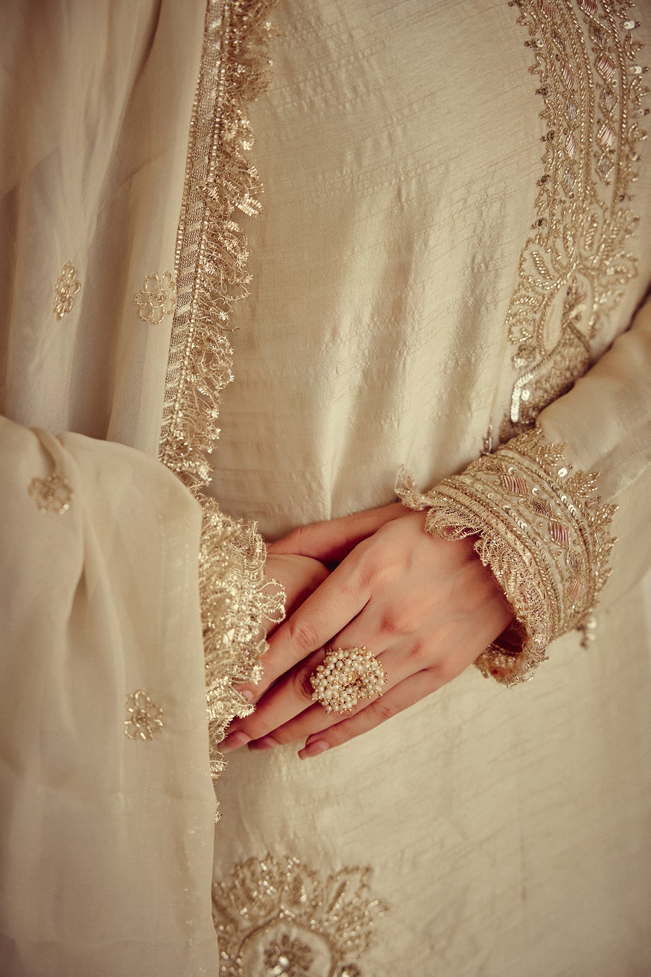 Lehza - Gold Ivory Kurta Lehenga Dupatta Set