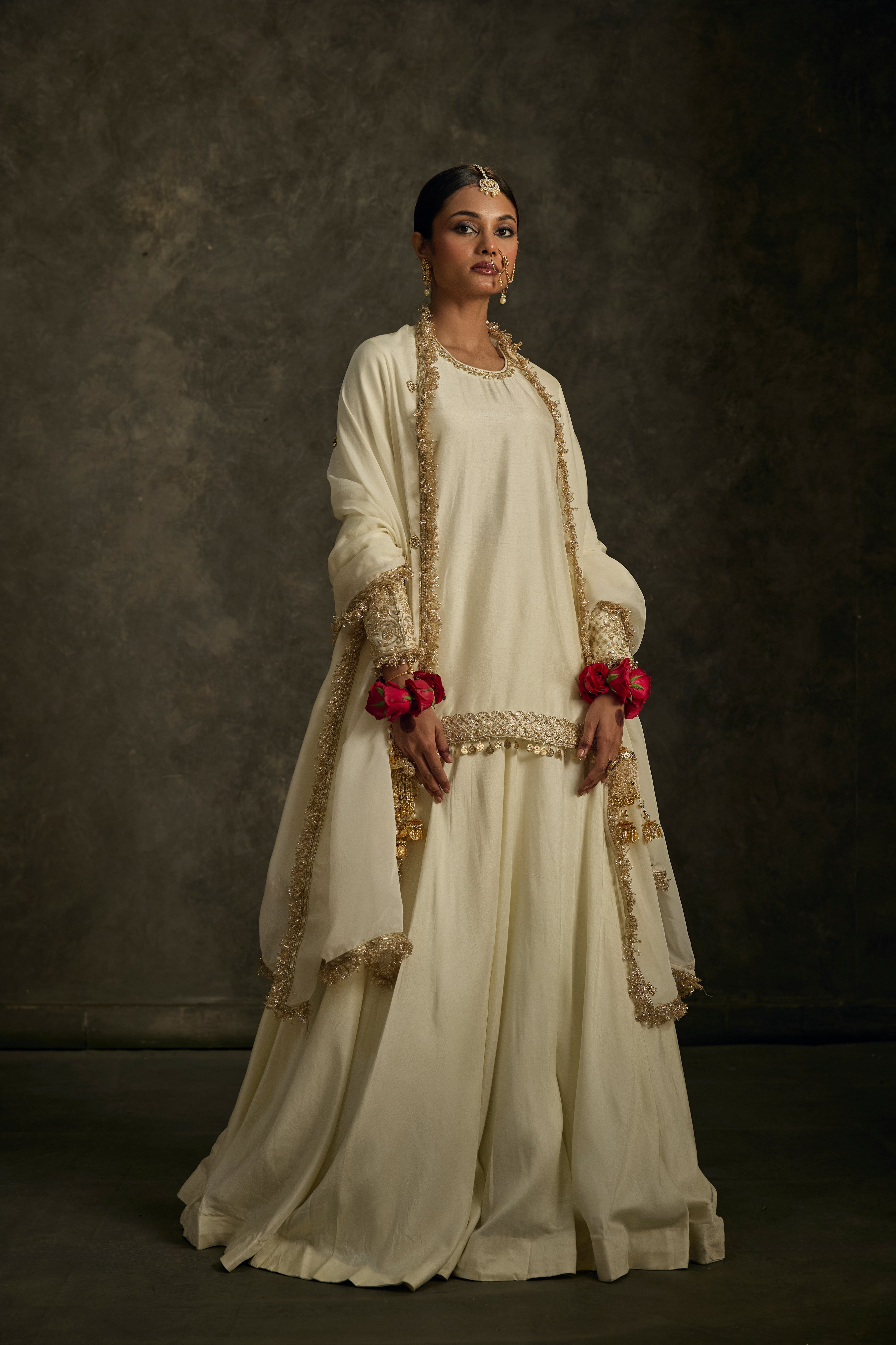 Kavira - Ivory Hand Embroidered Kurta-Lehenga-Dupatta Set