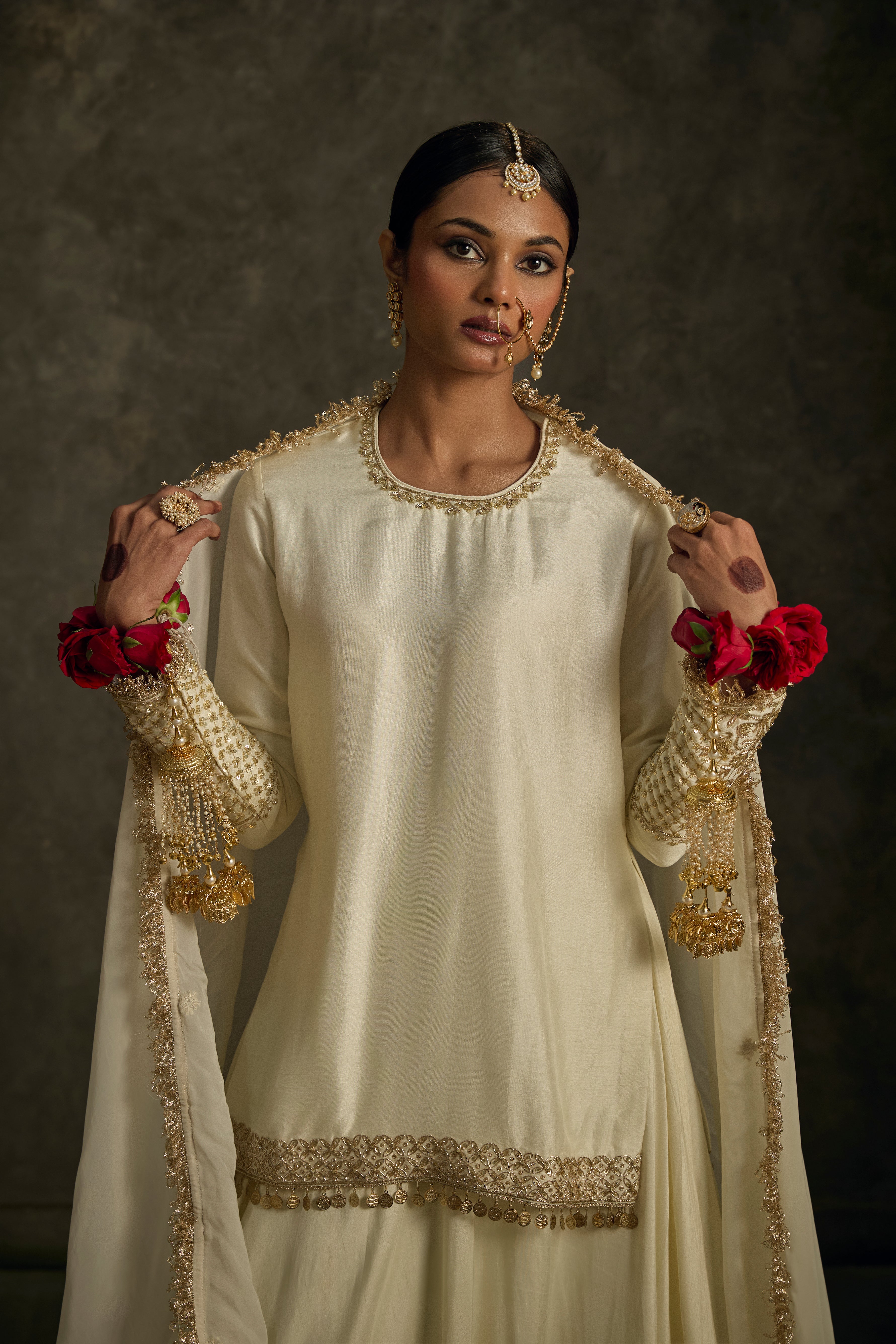 Kavira - Ivory Hand Embroidered Kurta-Lehenga-Dupatta Set