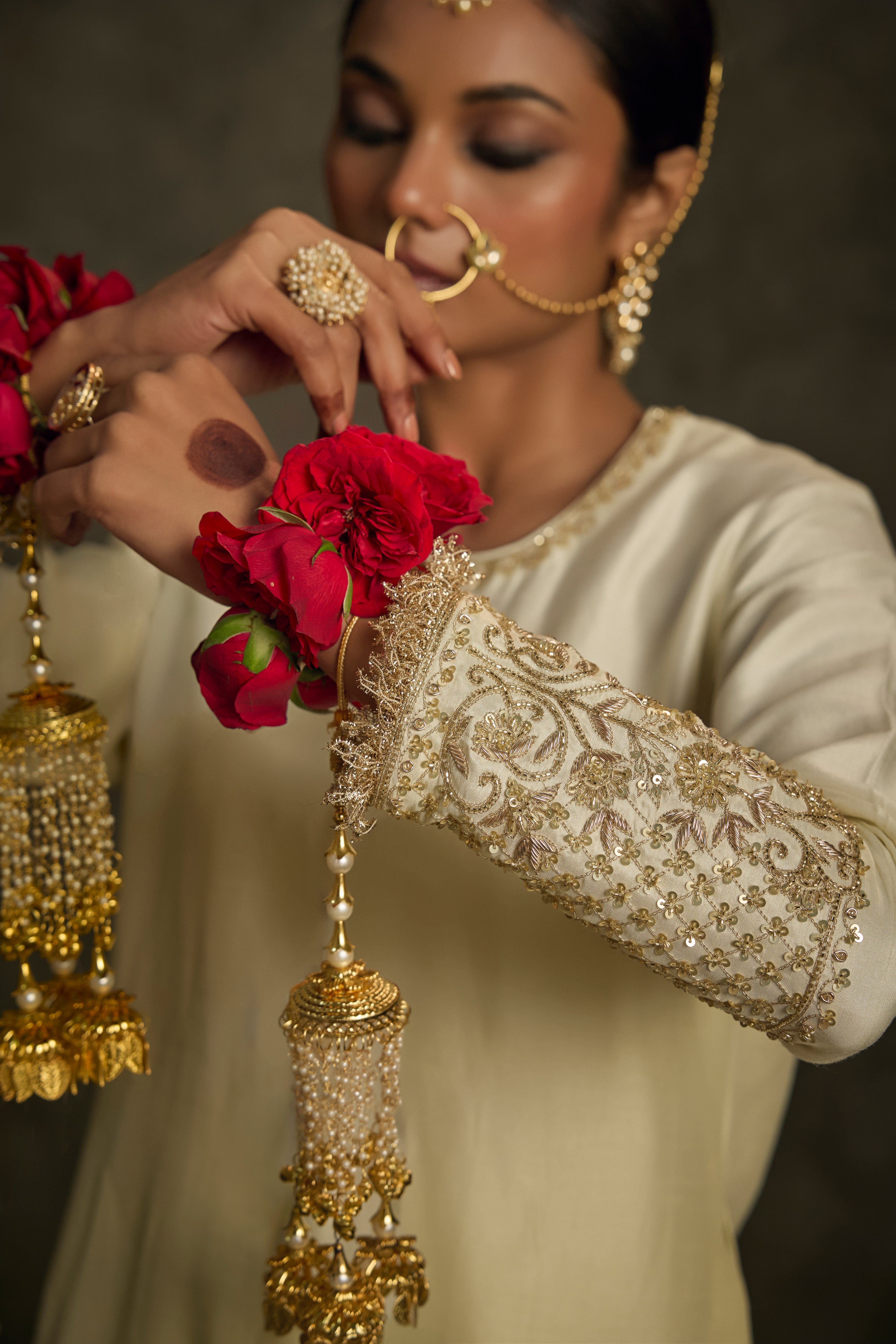 Kavira - Ivory Hand Embroidered Kurta-Lehenga-Dupatta Set